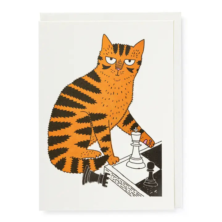 Cat playing chess greeting card