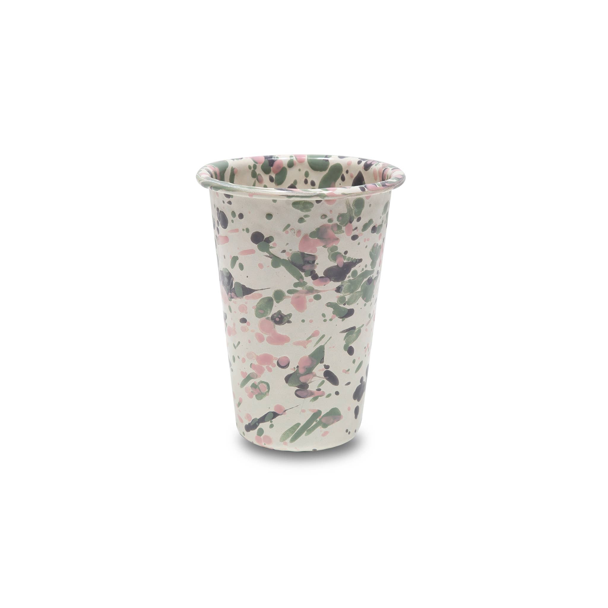 Crow Canyon Home Catalina Enamelware 14 oz Tumbler featuring a colorful splatter design, perfect for sustainable living and outdoor use.