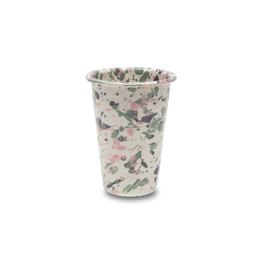 Crow Canyon Home Catalina Enamelware 14 oz Tumbler featuring a colorful splatter design, perfect for sustainable living and outdoor use.