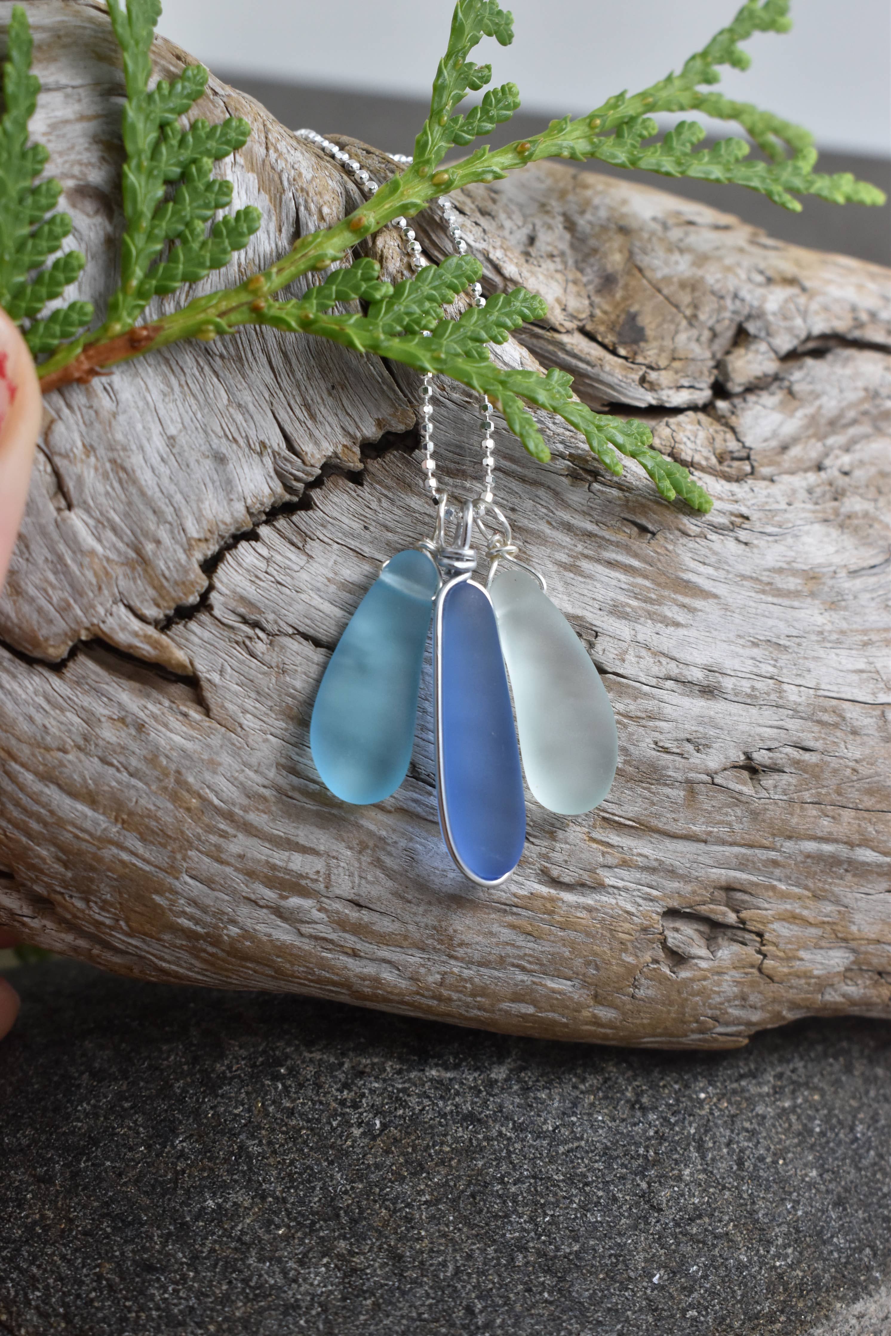 Eco glass triple charm Necklace -  sea glass jewelry