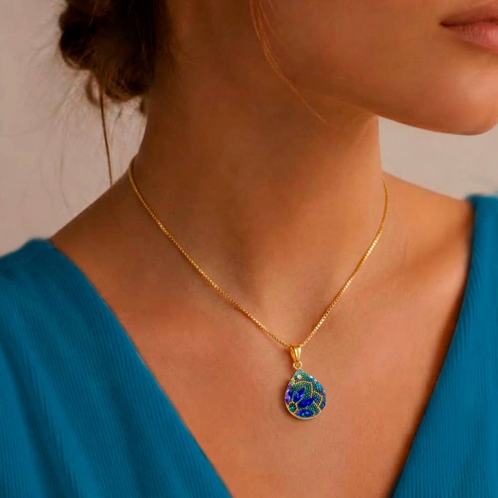 18K Gold Plated Handmade Blue Crystal Drop Pendant - Unique Royal Statement Piece that makes even your grandma jealous!