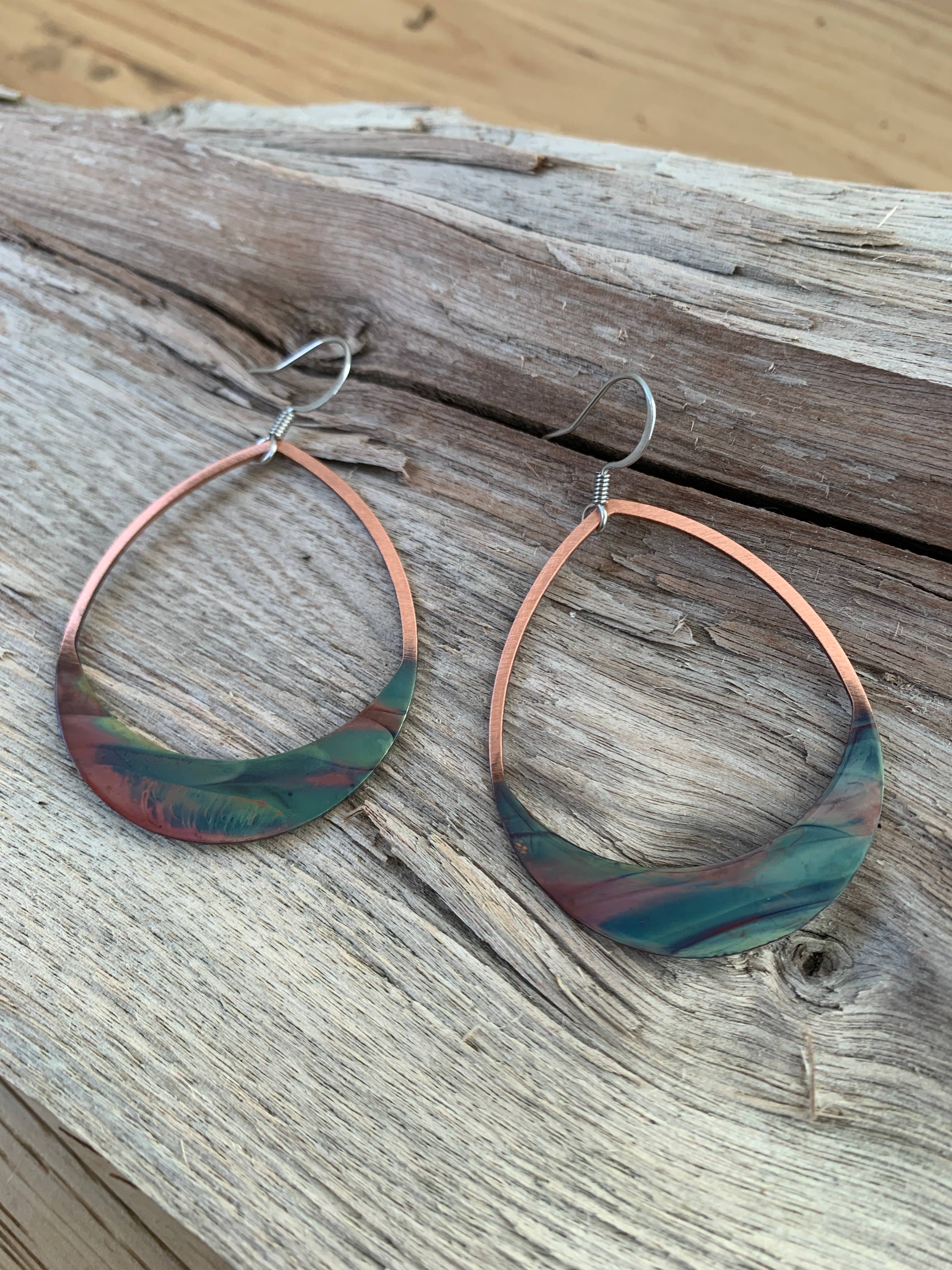 Rounded Teardrop Fire Painted Copper Earrings featuring a brushed finish and colorful swirl design, lightweight and unique, perfect for everyday wear.