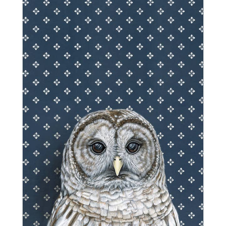 Whimsical Barred Owl Dark Blue Fine Art Print, hand-signed and ready to bring a smile to little ones while they sleep under the watchful gaze of this artsy owl!