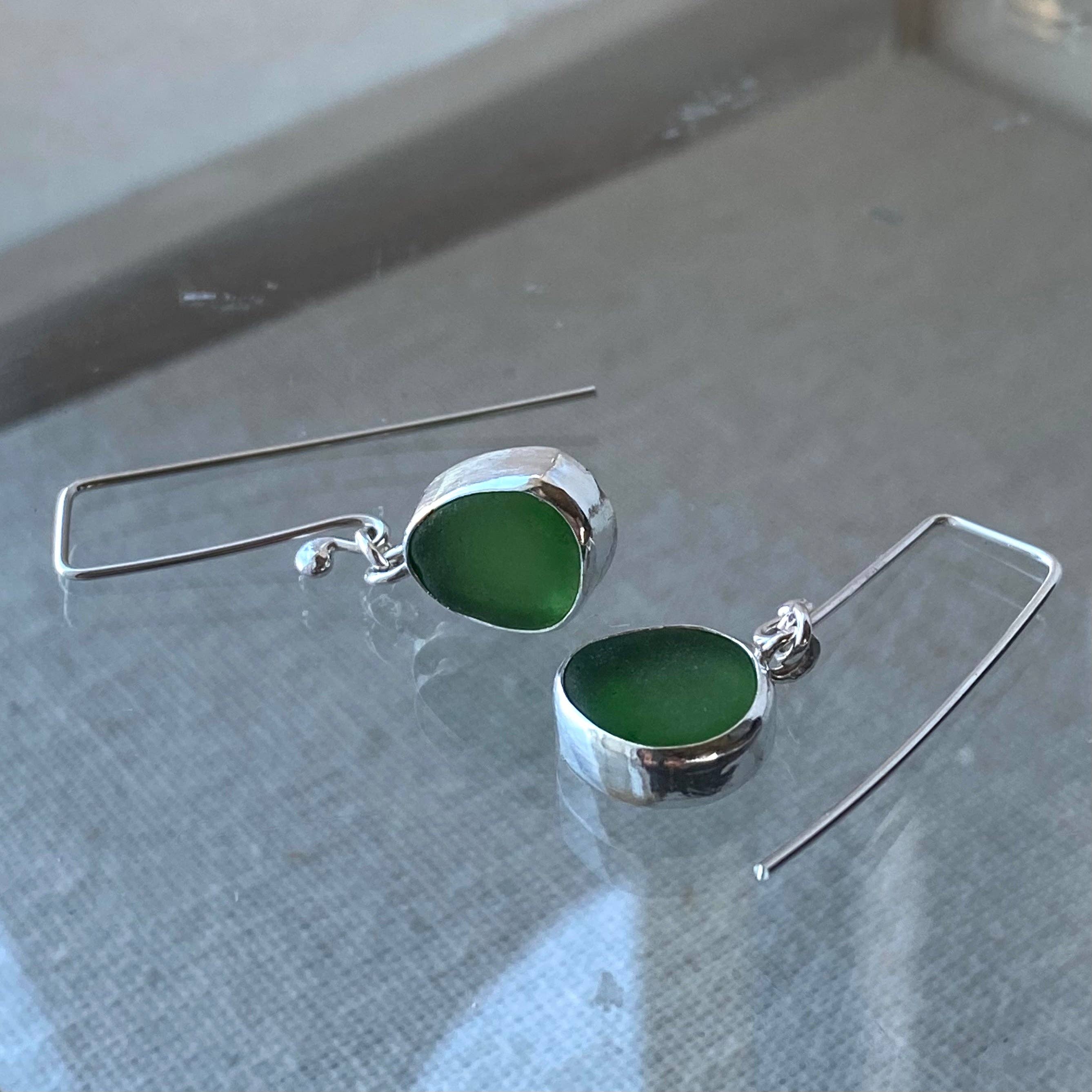 green sea glass silver drop earrings