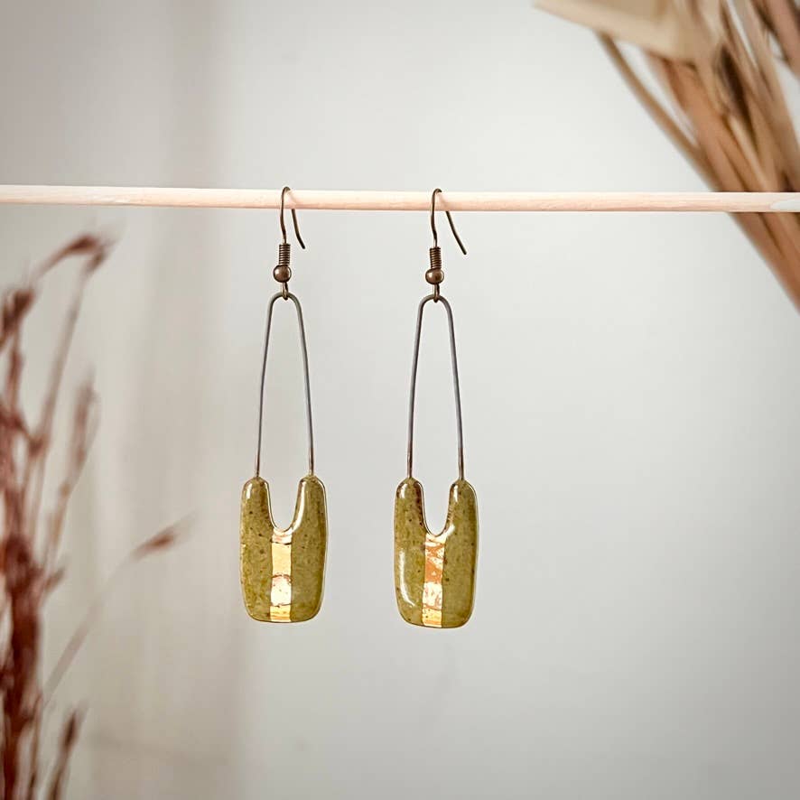 Speckled Olive and Gold Dropped Rectangle Clay Earrings