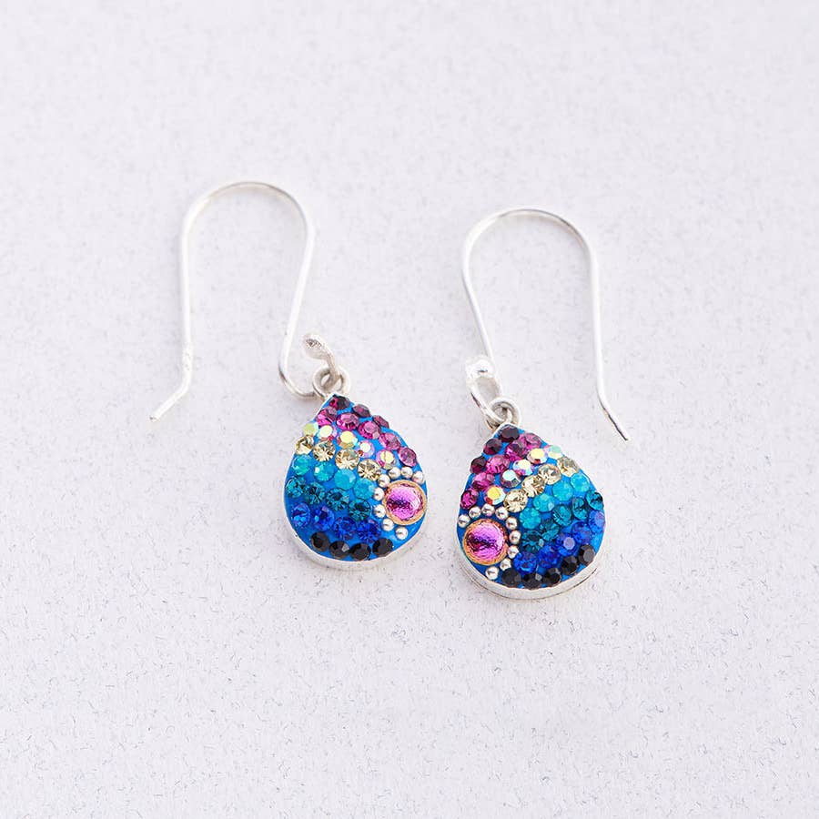 Shimmering Petite Dew Drop Earrings by Mosaico Jewels with a stunning blue and pink design, adorned with sparkling sequins.