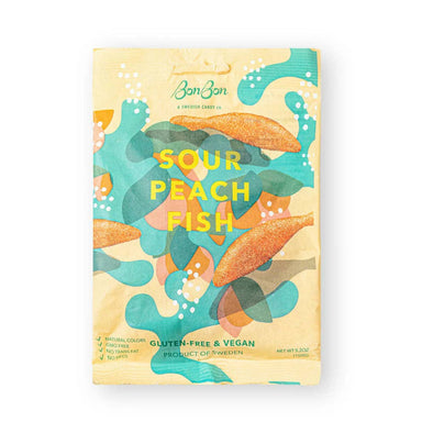 BonBon's Sour Peach Fish 150g - A vibrant, fruity candy inspired by juicy peaches, offering a sweet and sour delight that is vegan and gluten-free.