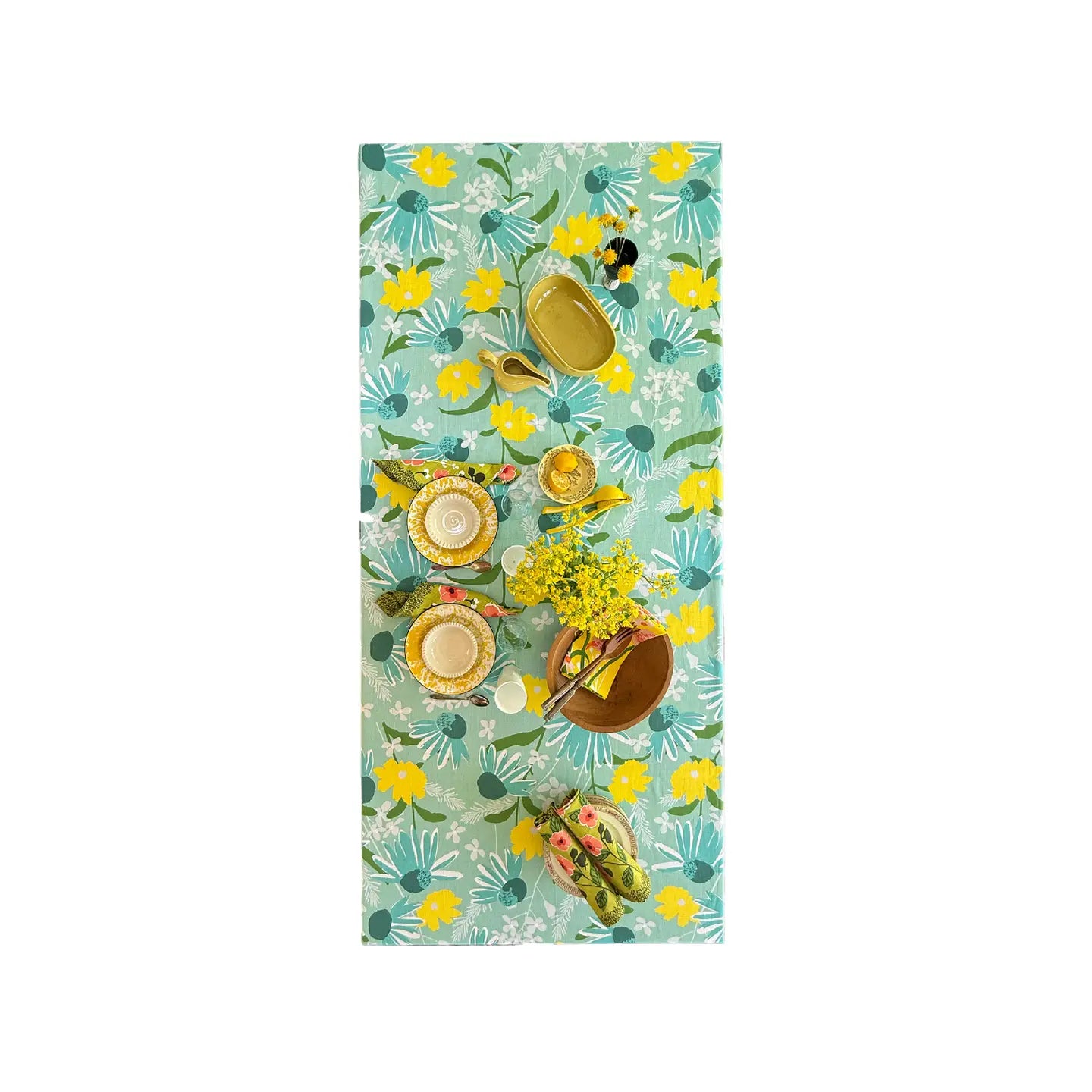 Stylish Elizabeth Grubaugh Tablecloths showcasing a charming blue echinacea design, ideal for adding elegance to any table setting.