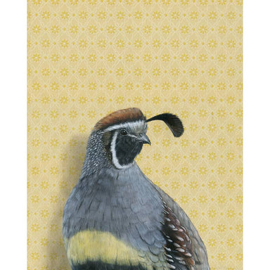 Framed art print of a quail on a yellow patterned background.