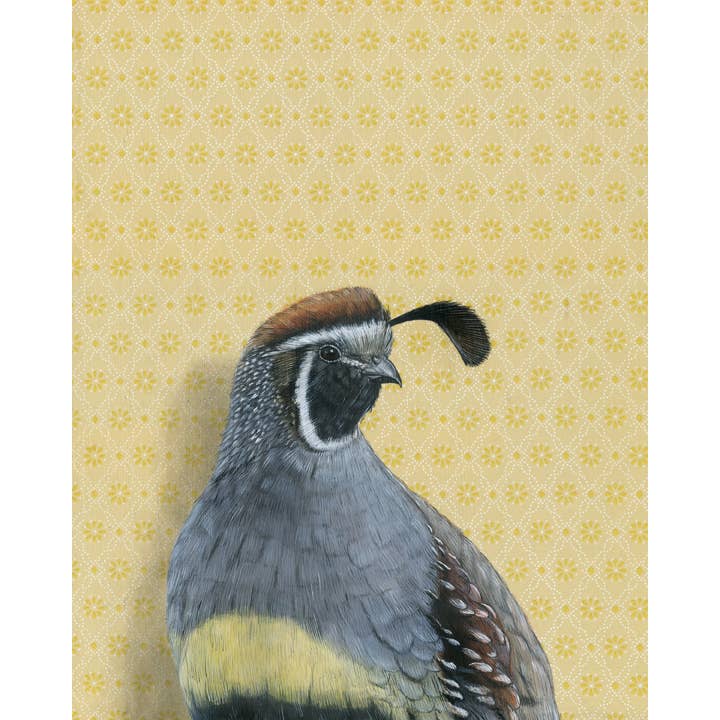 Framed art print of a quail on a yellow patterned background.