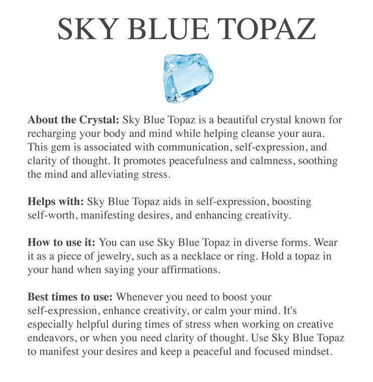 Informative card about sky blue topaz crystal benefits and usage, complementing the handmade sterling silver bracelet by Whitelotus Design.