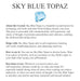 Informative card about sky blue topaz crystal benefits and usage, complementing the handmade sterling silver bracelet by Whitelotus Design.