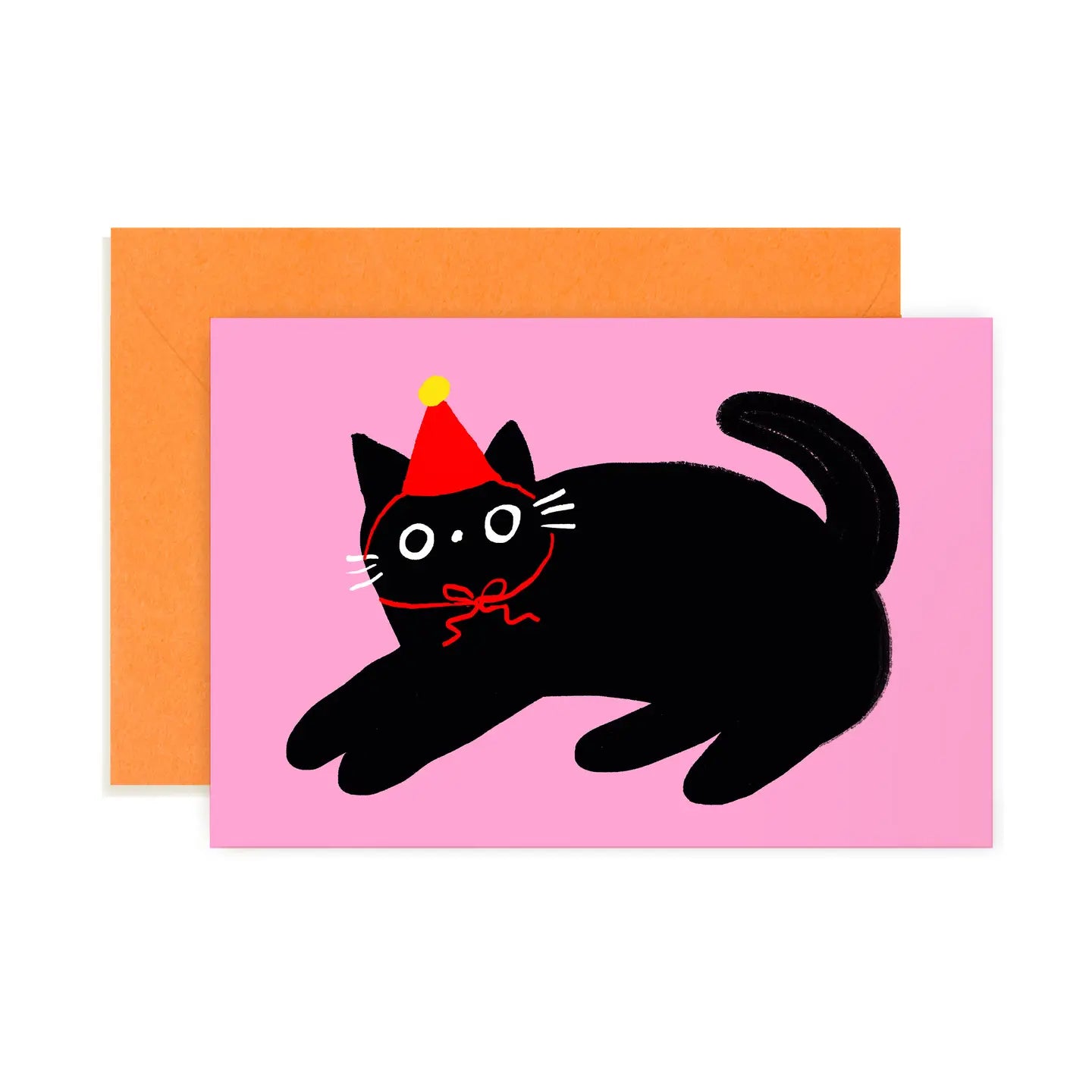 Whimsical black cat illustration wearing a party hat on a mini note card paired with an orange envelope from Karen Schipper Mini Note Card Collection.