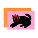Whimsical black cat illustration wearing a party hat on a mini note card paired with an orange envelope from Karen Schipper Mini Note Card Collection.
