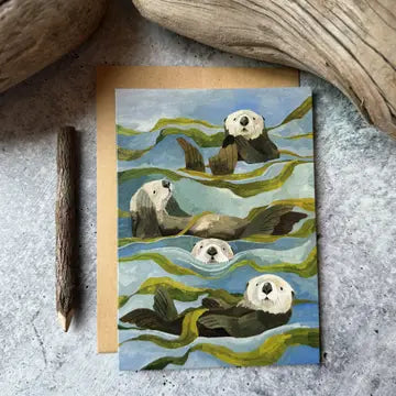 otters swimming in kelp blank greeting card