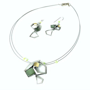 wire necklaces and earrings featuring green beads and gemstones