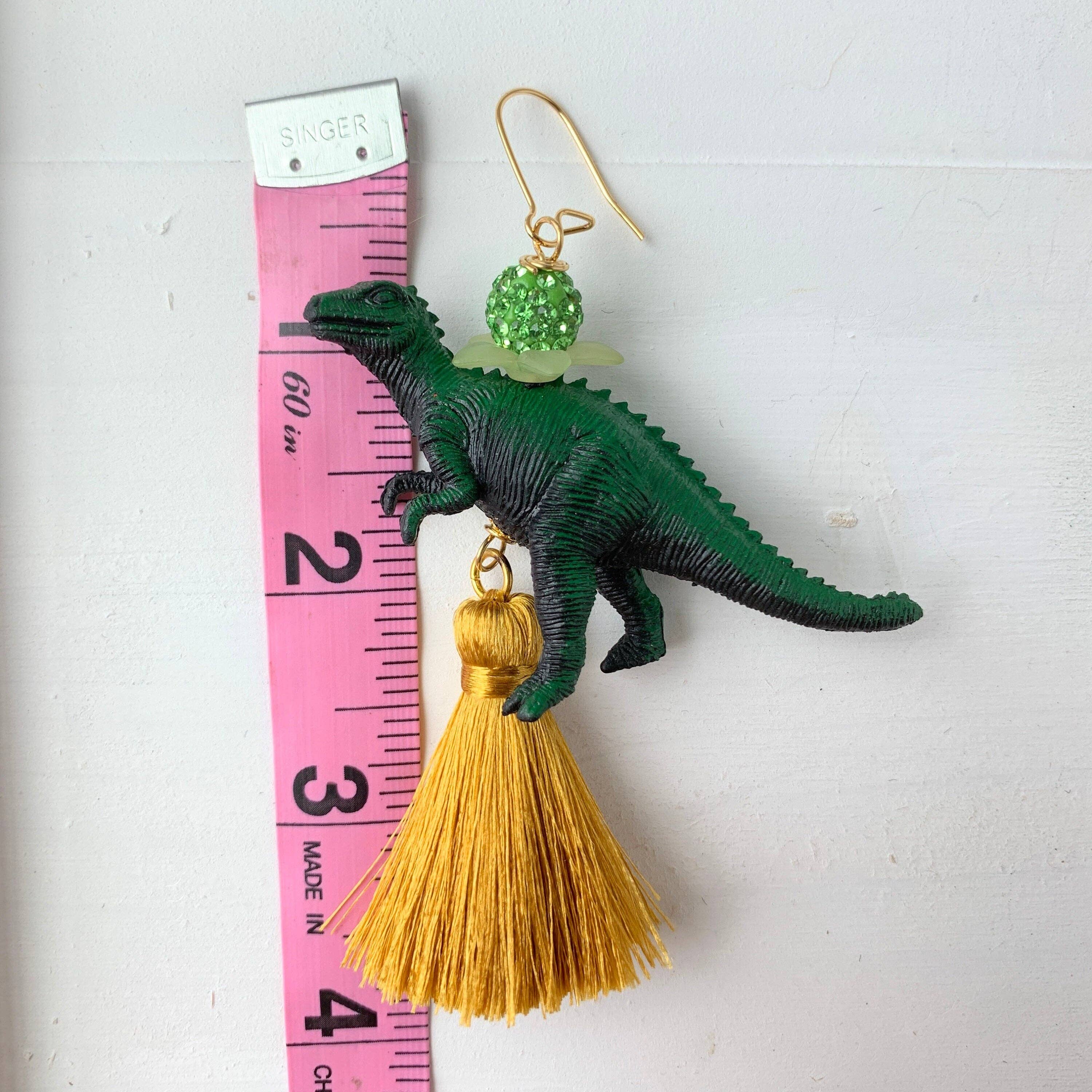 4" dinosaur tassel earrings