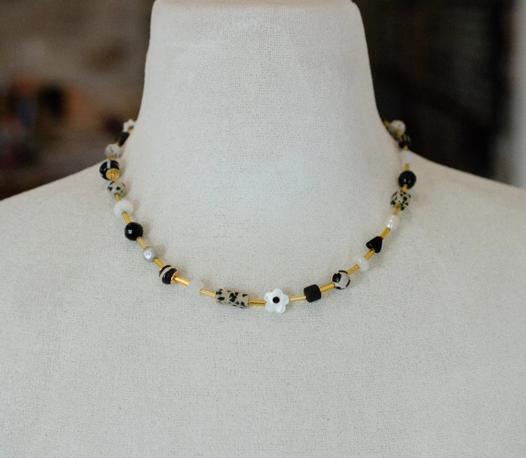 Gold, Black and White Beaded Gemstone necklace