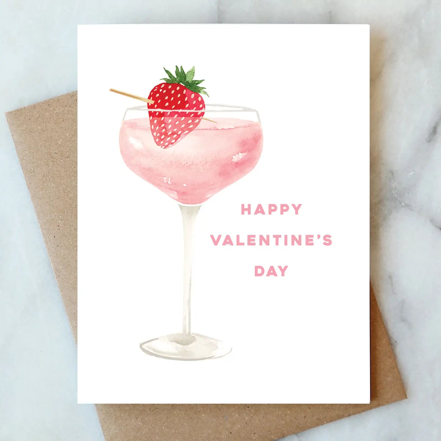 Whimsical Valentine's Day card featuring a pink cocktail with a strawberry, designed by ARTISANS & agency, part of the Valentine's Day Card Collection.