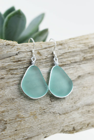 Eco Glass Bezel Drop Silver Earrings in captivating seafoam hue, showcasing lightweight frosted Eco Glass and recycled materials, perfect for eco-conscious jewelry lovers.