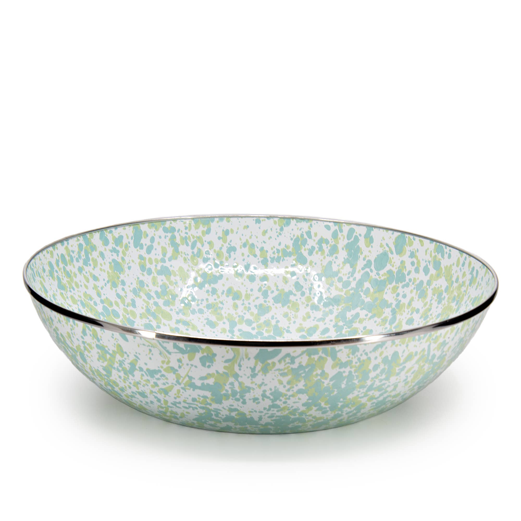 Enamelware Jardin Catering Bowl by Crow Canyon Home, displaying a large-format design with a Fern Green and Sky Blue swirl finish, viewed from above to emphasize its wide, deep profile.