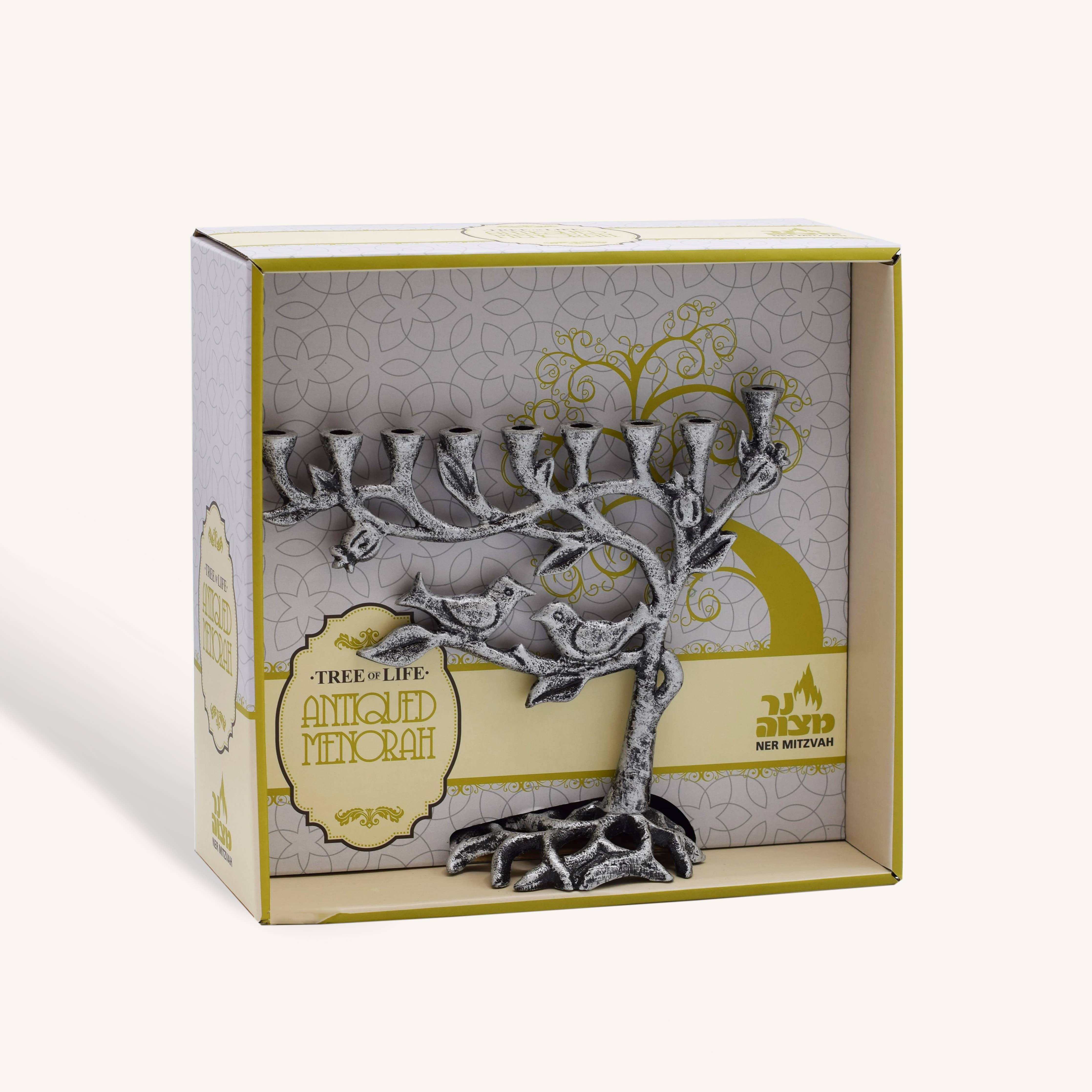 Antiqued Candle Menorah - 7.5 Inches - Tree Of Life Silver