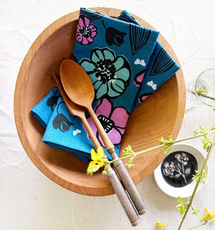 Close-up view of the New Fullbloom Napkin Set showing the intricate screen printing on 100% cotton.