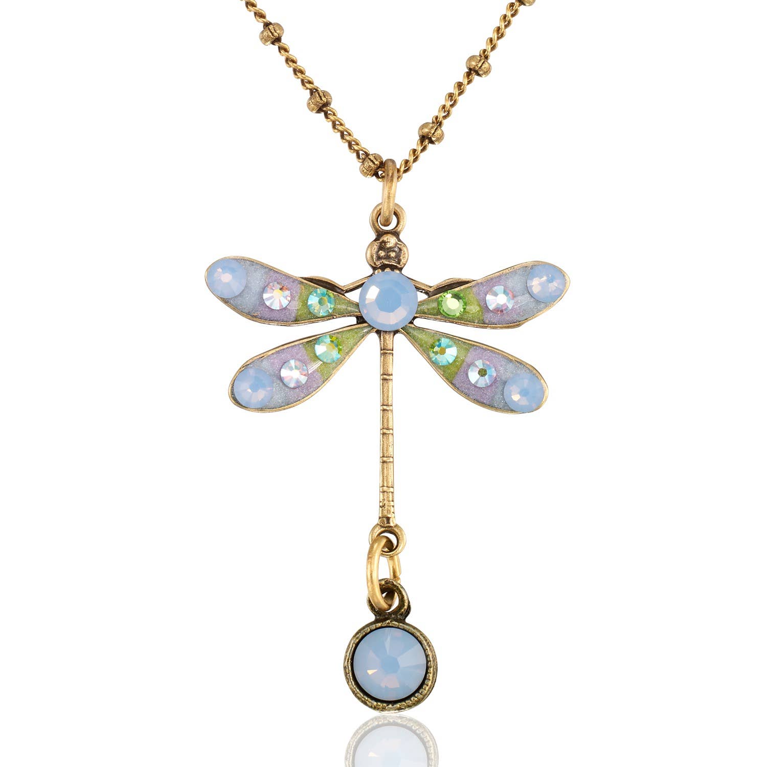 Light Blue Pastel Dream Dragonfly Crystal Drop Necklace featuring delicate iridescent wings and a crystal drop accent, showcasing artisan craftsmanship and vintage elegance.