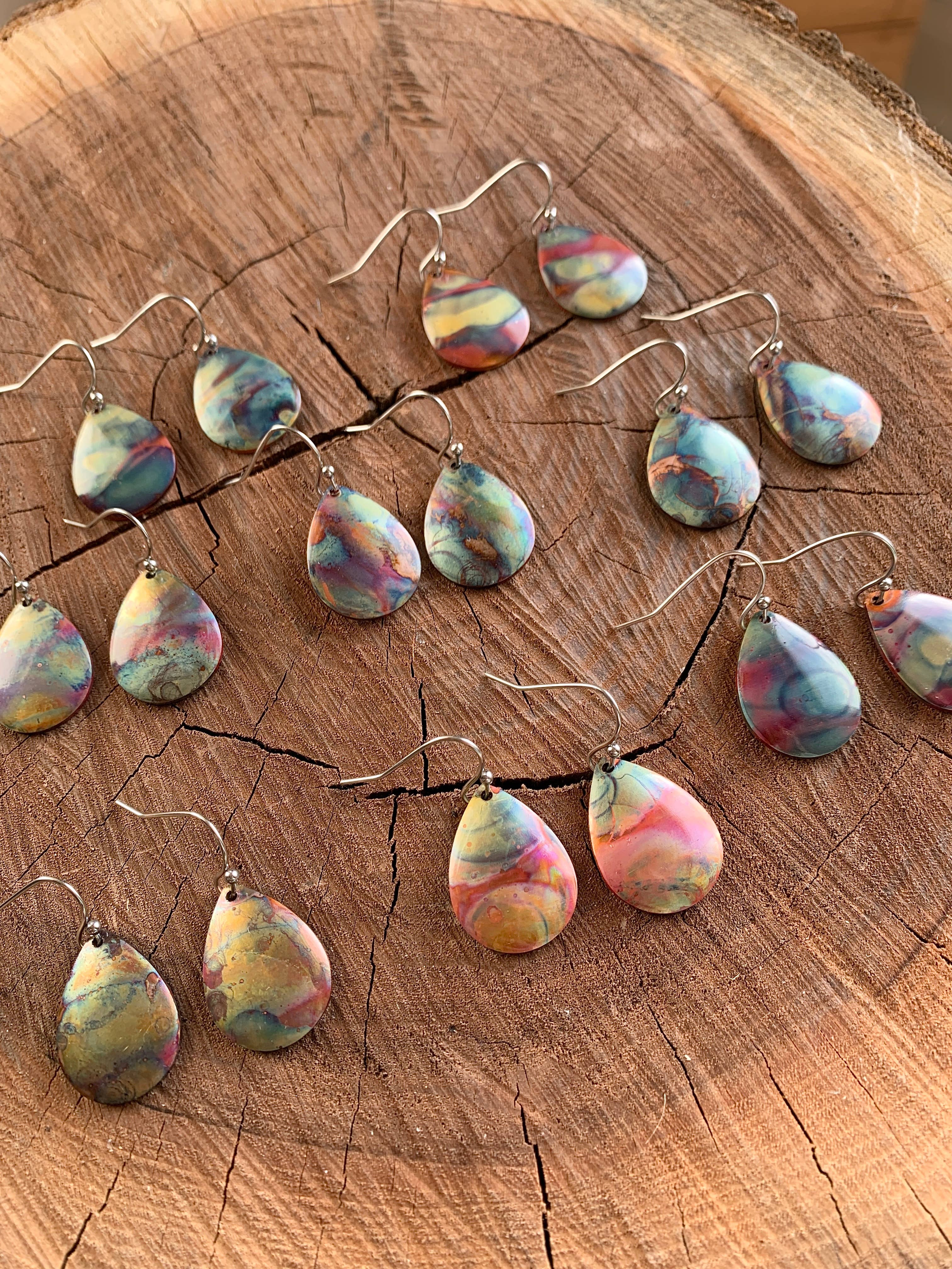 Small Teardrop Fire Painted Copper Earrings