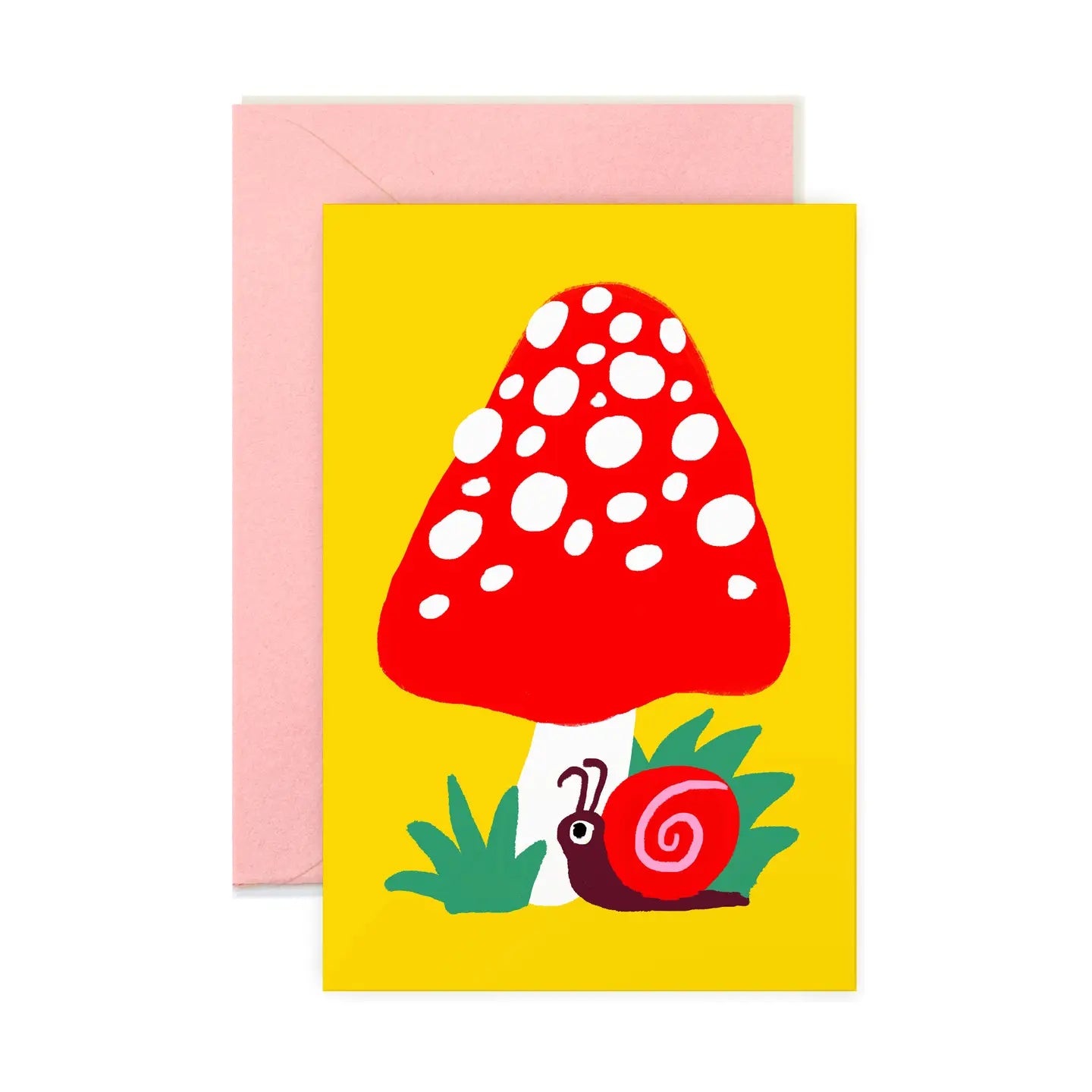 Whimsical mini note card showing a red toadstool mushroom and a snail on a yellow background, combined with a pink envelope, from the Karen Schipper Mini Note Card Collection.