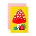 Whimsical mini note card showing a red toadstool mushroom and a snail on a yellow background, combined with a pink envelope, from the Karen Schipper Mini Note Card Collection.