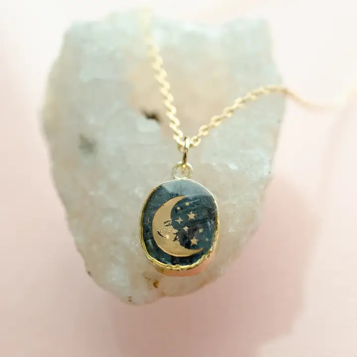 Blue Gemstone pendant necklace with Gold Moon