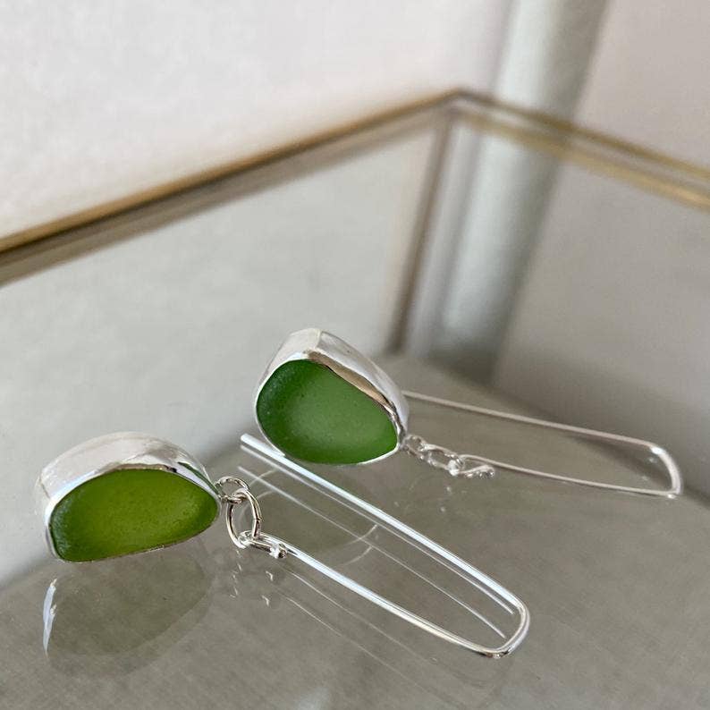 green sea glass silver drop earrings