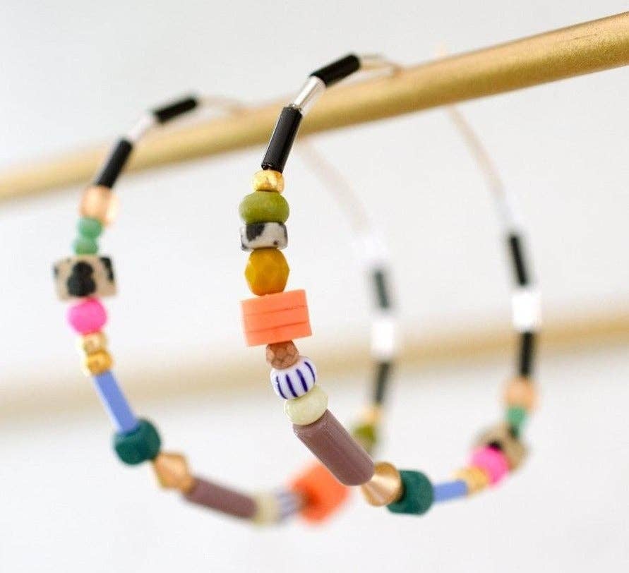 Colorful beaded Gold hoop earrings