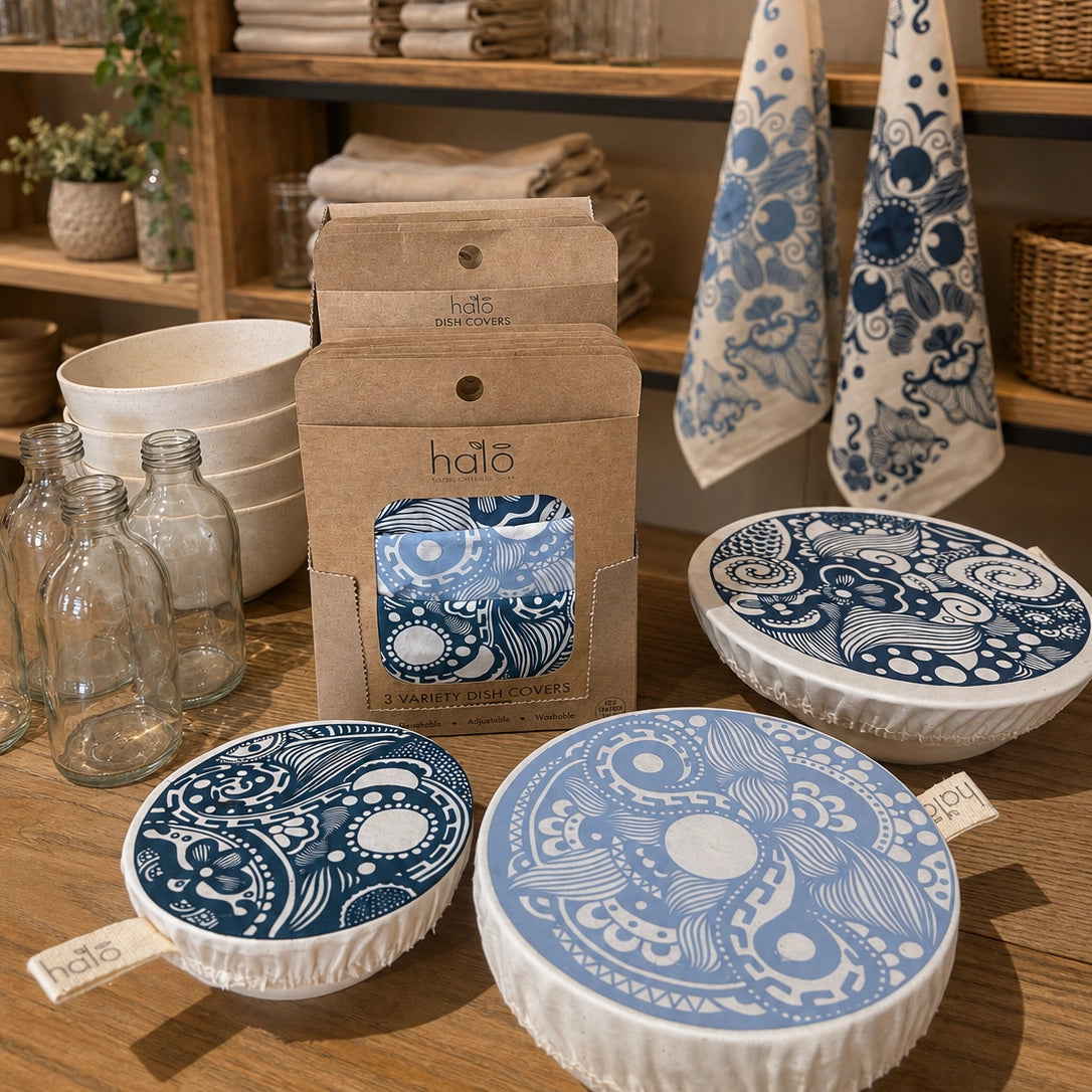 Cotton Dish Covers from Paradise Blues keeping food fresh and stylish while pretending to be a superhero for your leftovers!