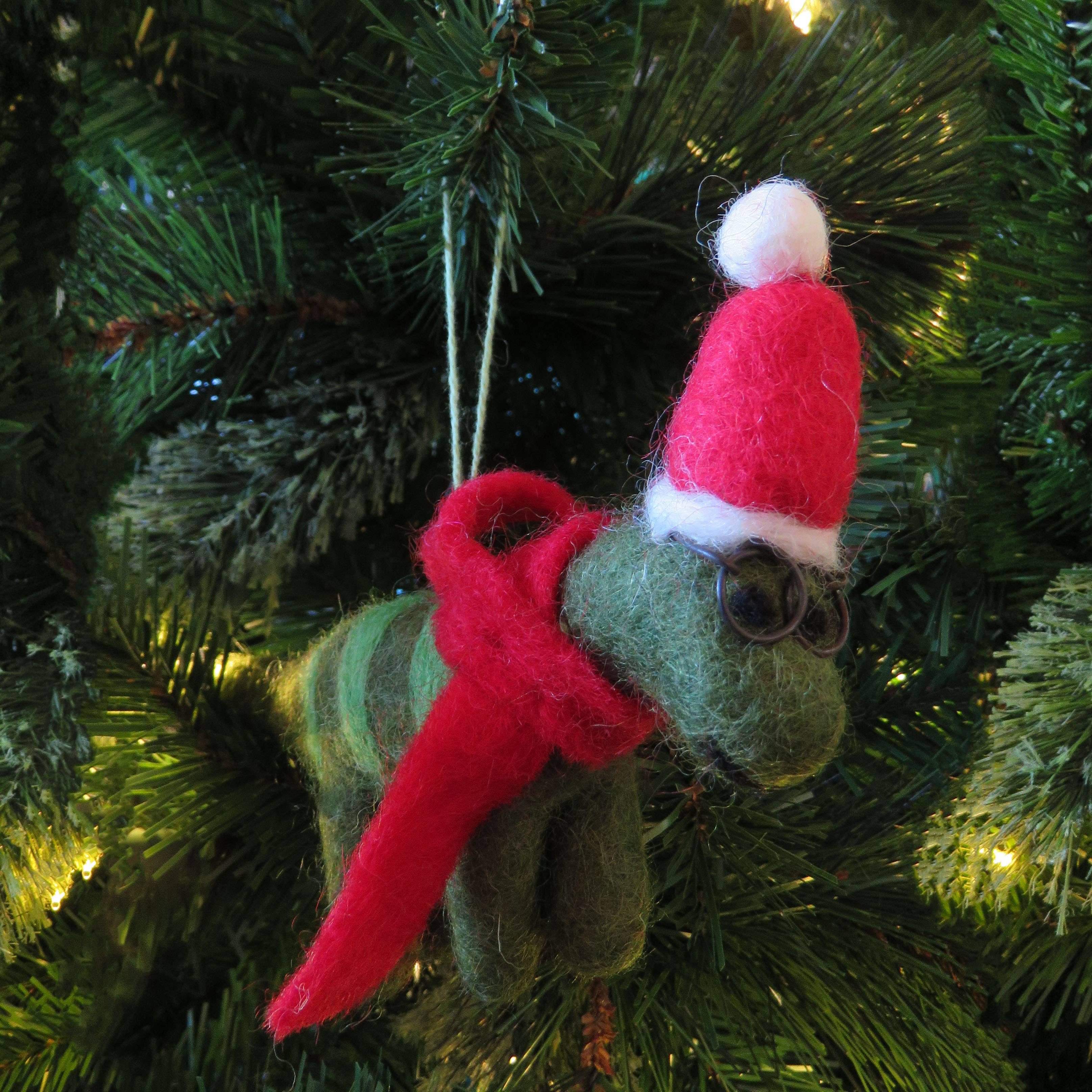 Handmade Felt Hanging Christmas Dinosaur with Specs Ornament
