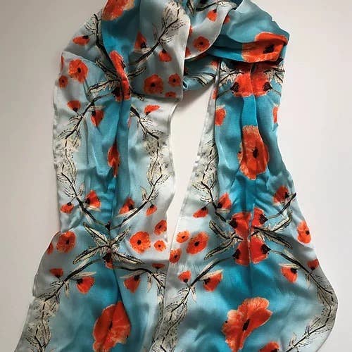 Poppies silk scarf by Nina J, limited-edition wearable art inspired by nature