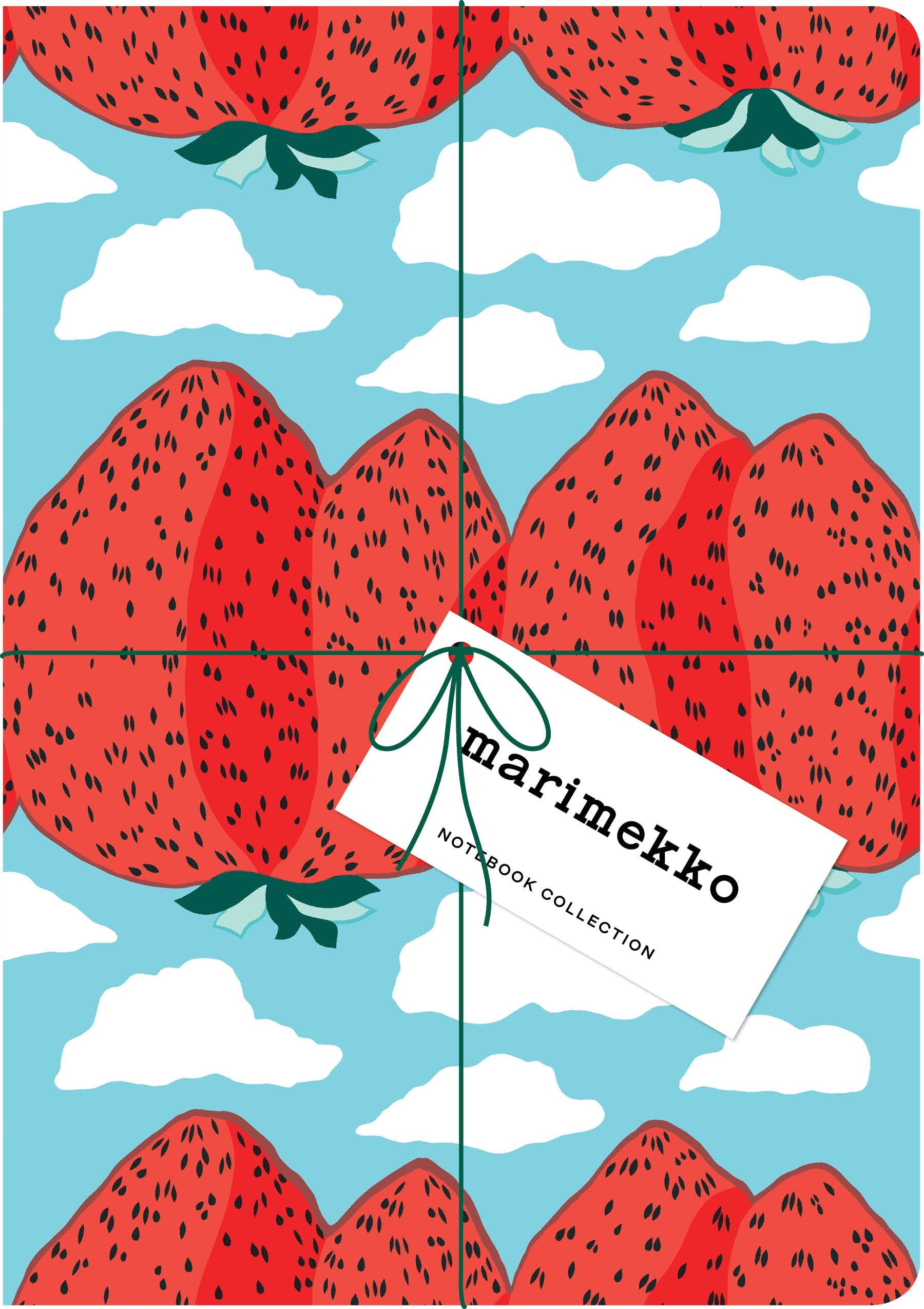 Marimekko Strawberry Notebook Collection by Chronicle Books featuring vibrant strawberries against a blue sky with fluffy clouds, showcasing midcentury modern design.