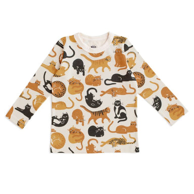 Long sleeve kids tee featuring an assortment of playful cats in shades of gold and yellow, from Winter Water Factory, part of the Cat Friends Gold & Yellow collection.
