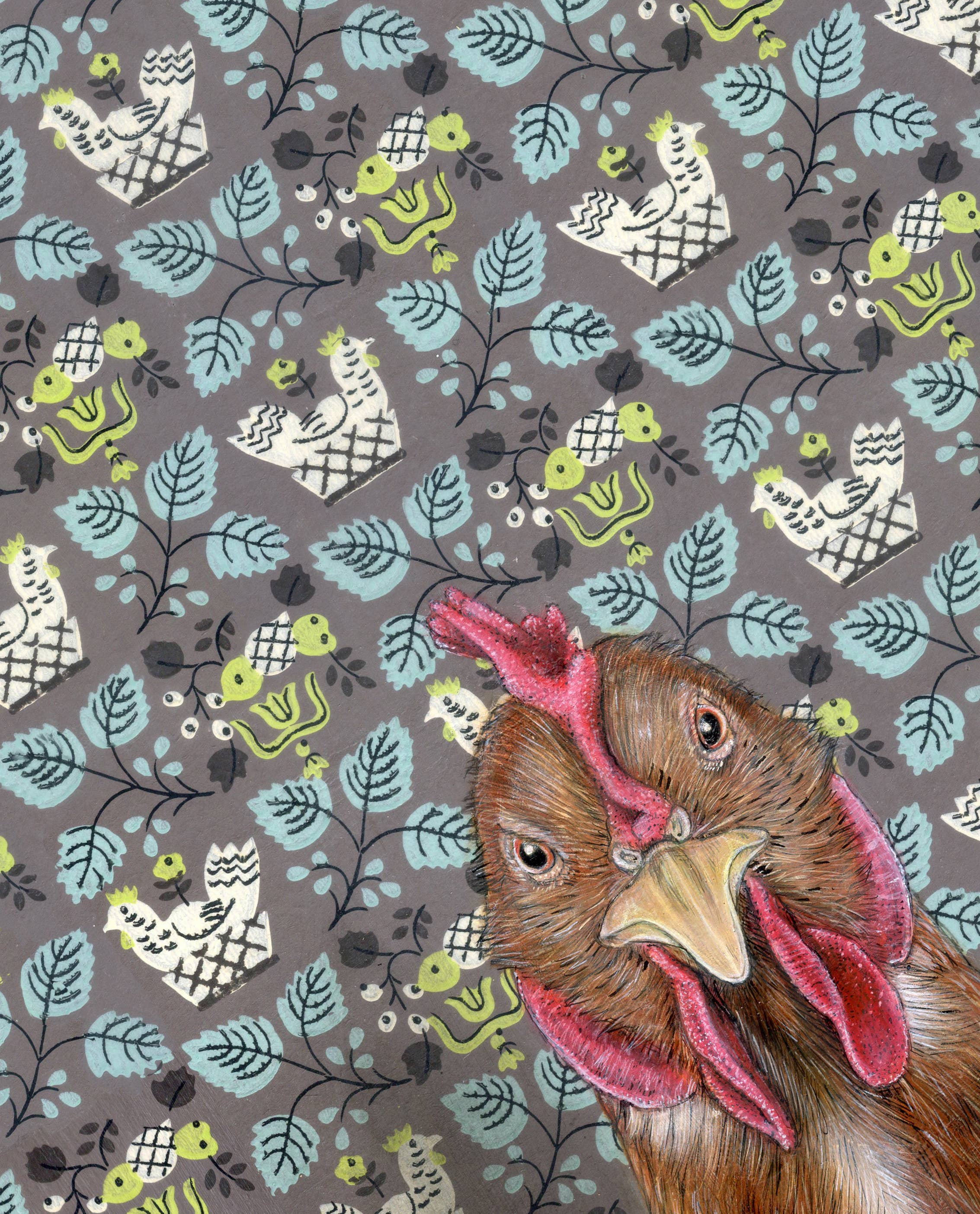 Close-up of a chicken artwork by Emily Uchytil, highlighting a vibrant farm animal and its unique patterns on a decorative backdrop.