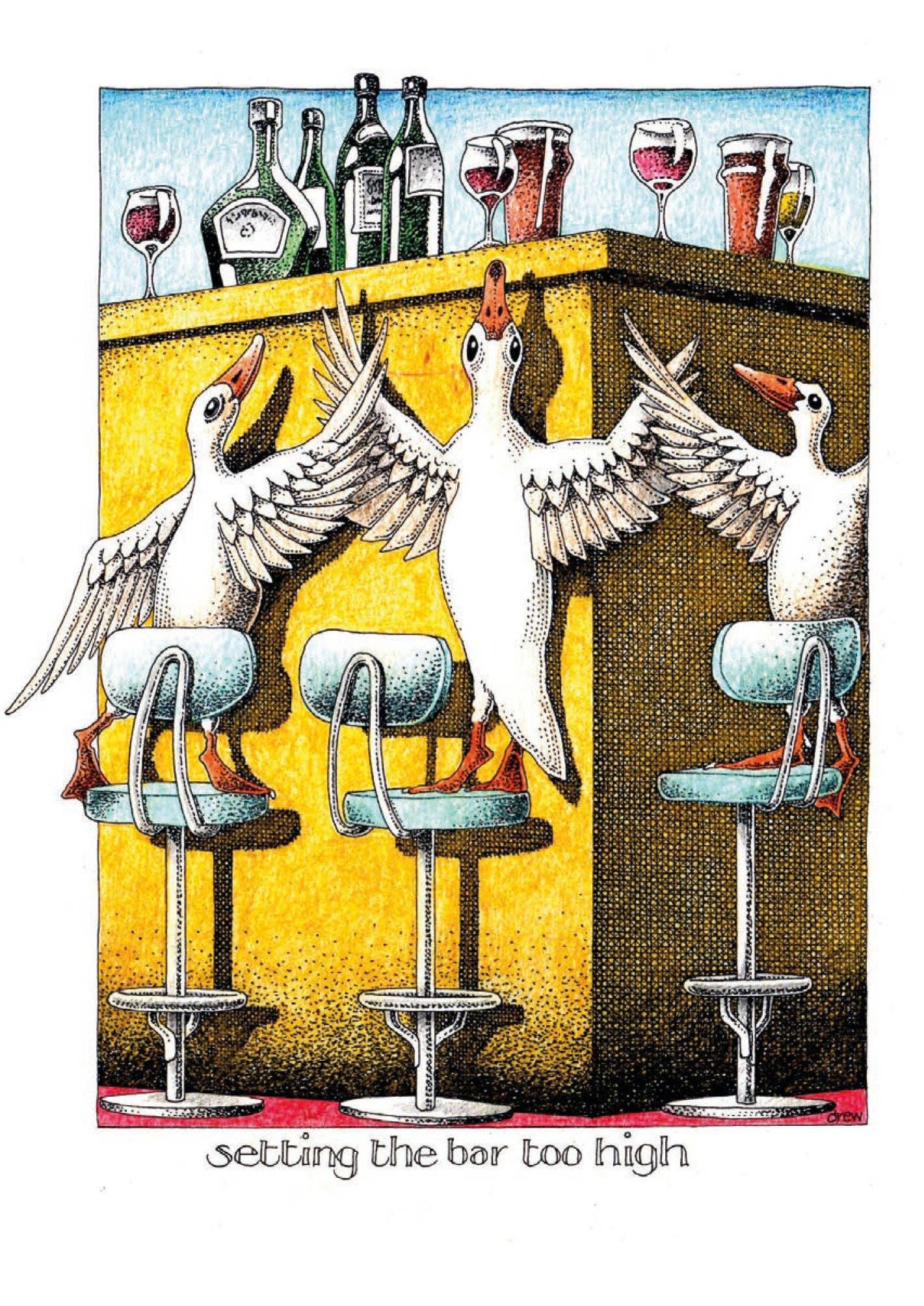 Funny Quirky Animal and Wine Card titled 'Bar Too High' by Simon Drew, featuring a humorous design perfect for birthdays or celebrations.
