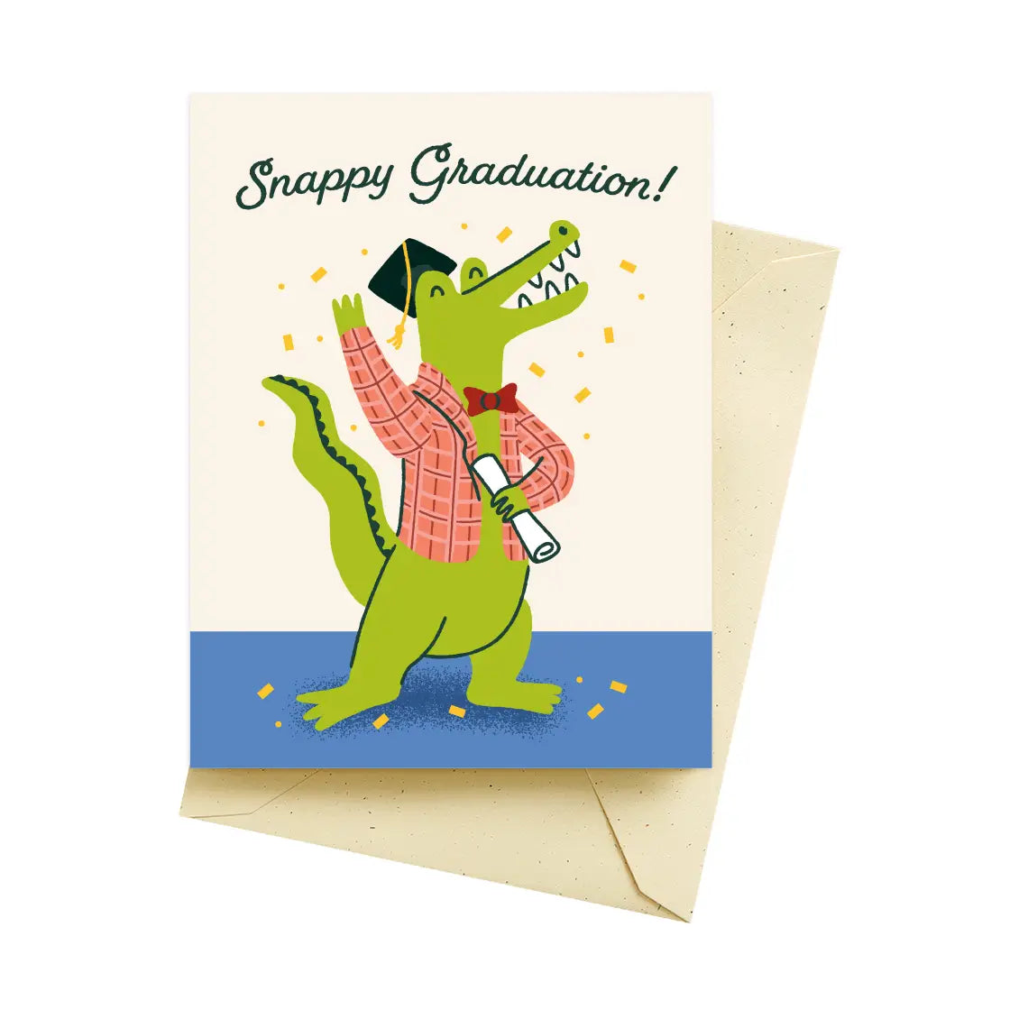 Playful graduation card showcasing a cartoon crocodile in a graduation cap holding a diploma, with the text 'Snappy Graduation!' created by ARTISANS & agency in the Graduation Card Collection.