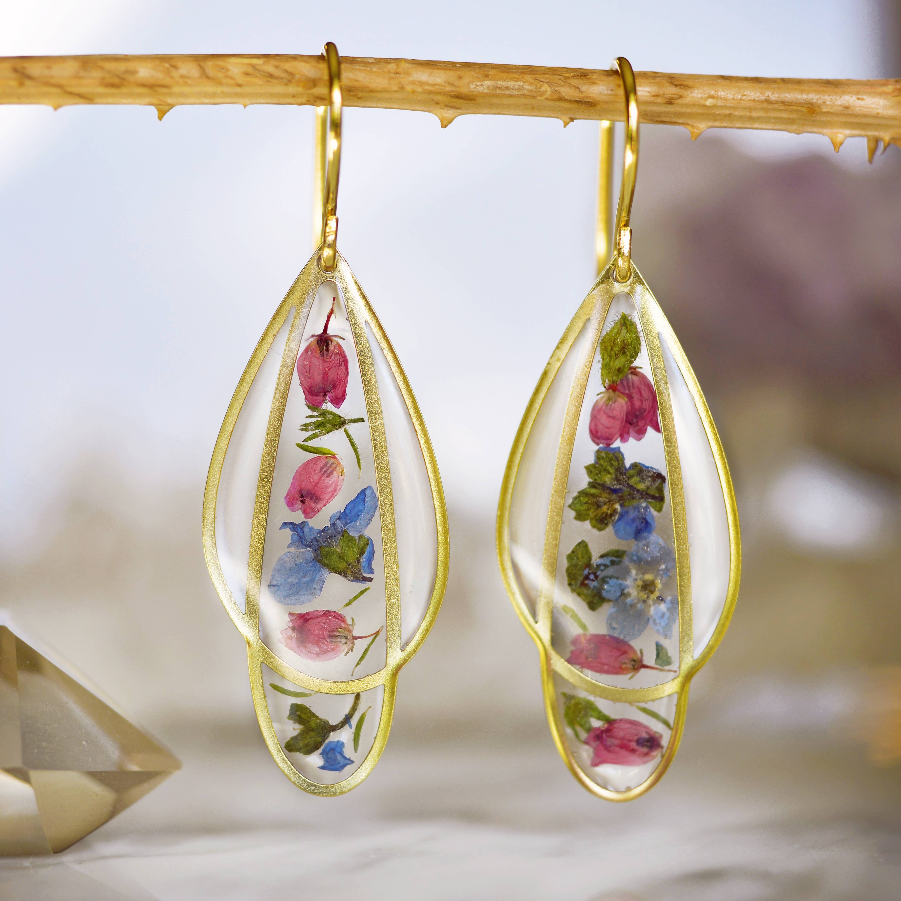 Garden Variety Droplet earrings with preserved flower petals