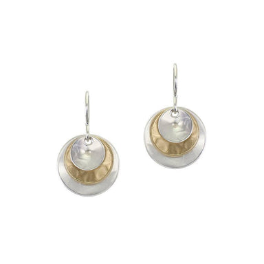 Three Layered Cymbals Wire Earrings by Marjorie Baer showcasing three stacked gold and silver cymbals with a modern aesthetic.
