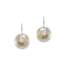 Three Layered Cymbals Wire Earrings by Marjorie Baer showcasing three stacked gold and silver cymbals with a modern aesthetic.