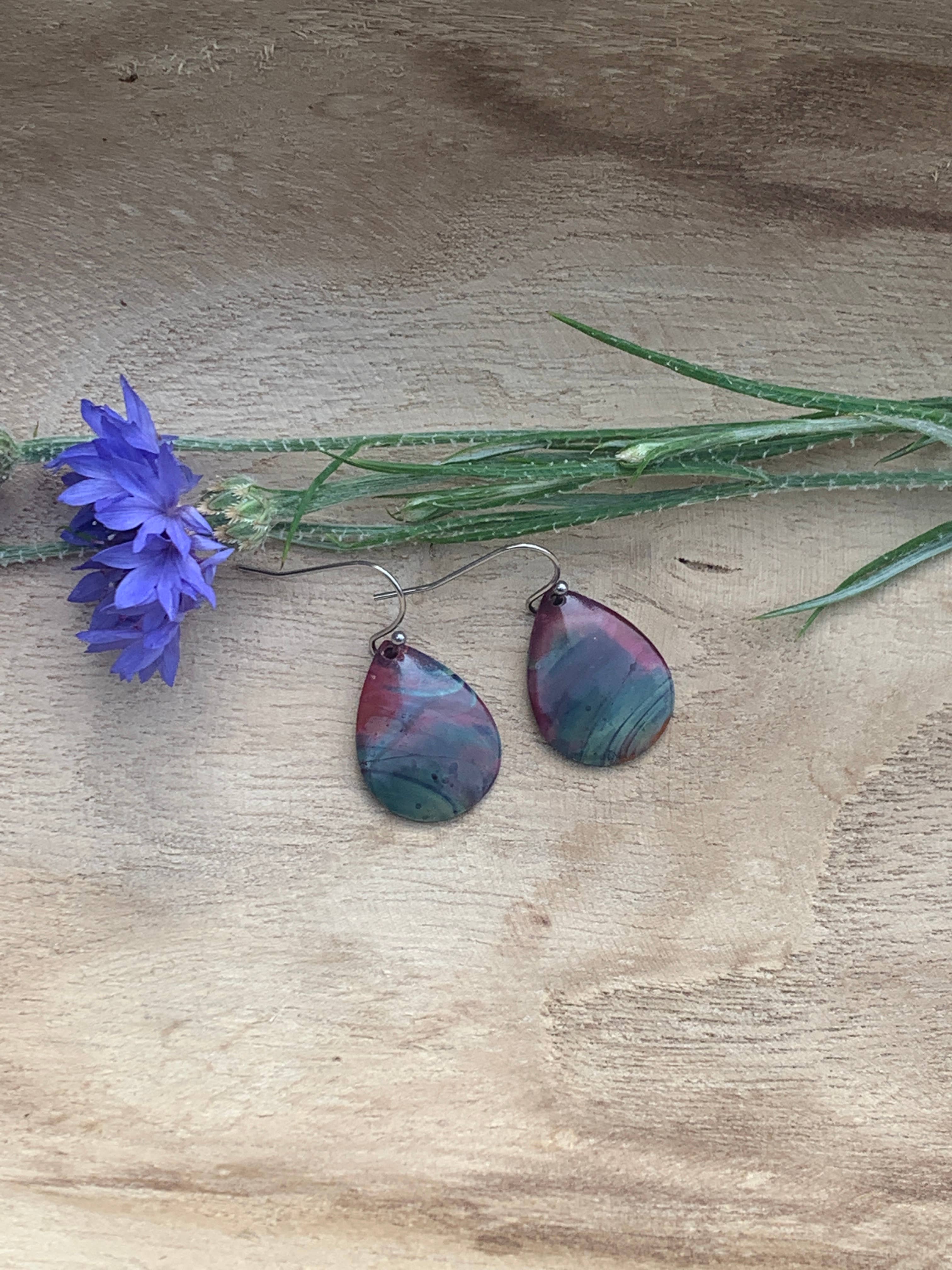 Small Teardrop Fire Painted Copper Earrings