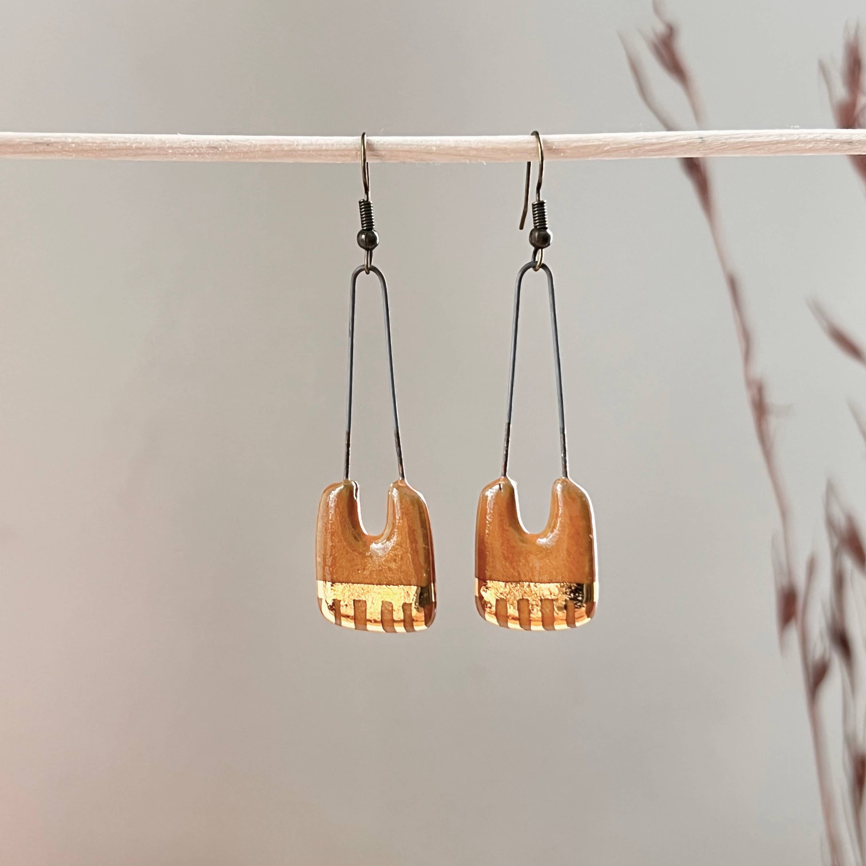 Orange Saddle Gold Dropped Rectangle Ceramic Earrings