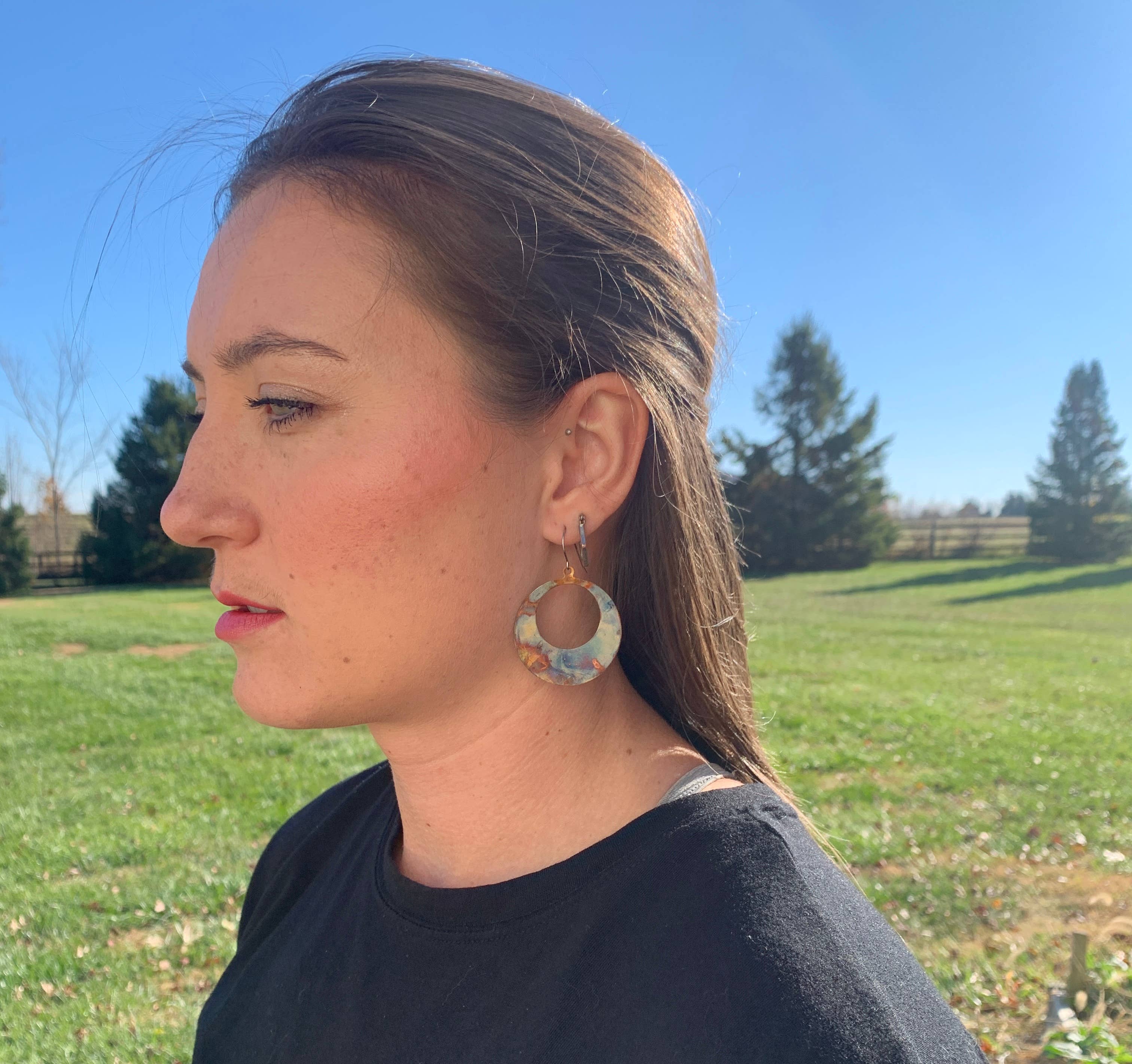 Boho large circle earrings made of unique hand-painted copper, featuring vibrant colors and patterns, lightweight design with stainless steel French hooks, perfect gift symbolizing love and beauty.