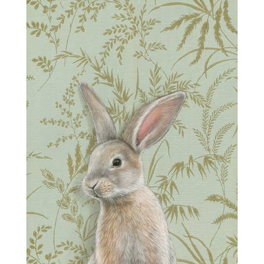 Detailed fine art print of a rabbit in a serene pose, created by Emily Uchytil. The illustration features a soft color palette and botanical elements, suitable for art lovers and nature enthusiasts.