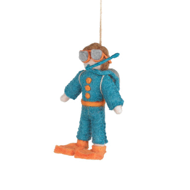 Felt Diver ornament wearing a blue suit with orange boots and gray goggles